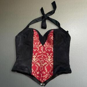 Vintage Cintas Black & Red Brocade Halter Corset Top – Gothic Y2K Bustier